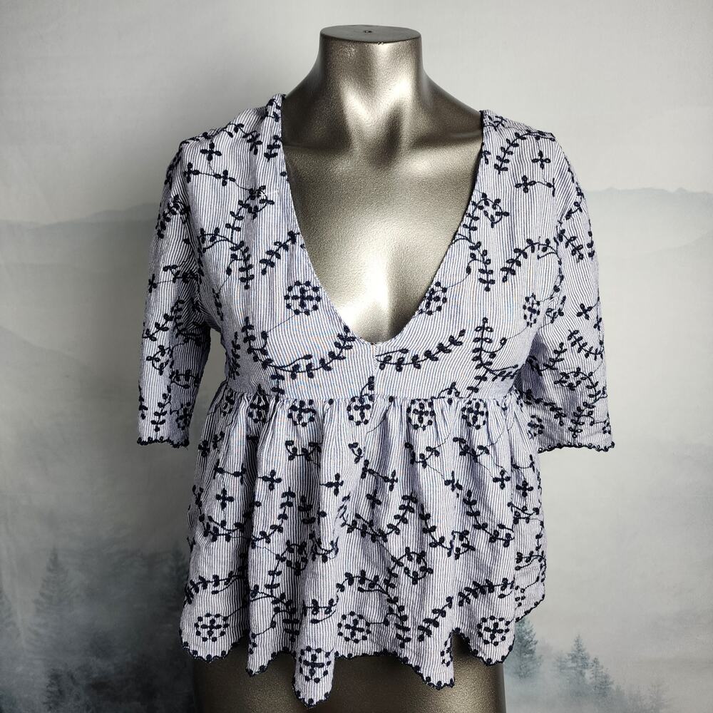 ZARA TRF Collection Embroidered V-Neck Peasant Top Blous | Women's L